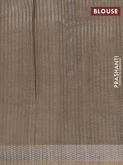 Art linen cotton saree mehendi green and beige with plain body and floral printed silver zari woven border