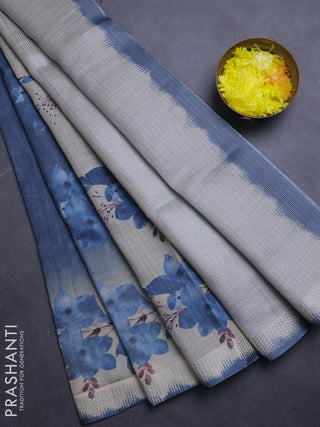 Art linen cotton saree navy blue and beige with plain body and floral printed silver zari woven border
