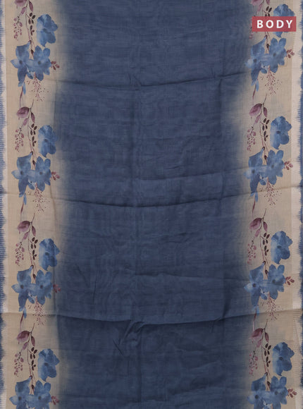 Art linen cotton saree navy blue and beige with plain body and floral printed silver zari woven border