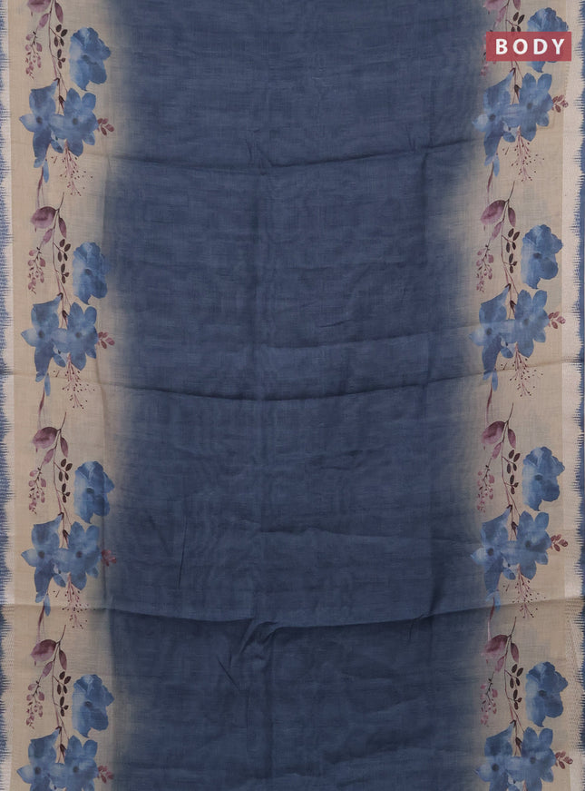 Art linen cotton saree navy blue and beige with plain body and floral printed silver zari woven border