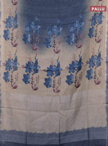 Art linen cotton saree navy blue and beige with plain body and floral printed silver zari woven border