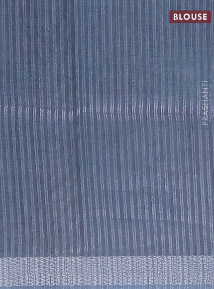 Art linen cotton saree navy blue and beige with plain body and floral printed silver zari woven border