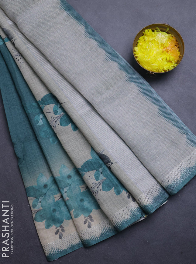 Art linen cotton saree peacock green and beige with plain body and floral printed silver zari woven border