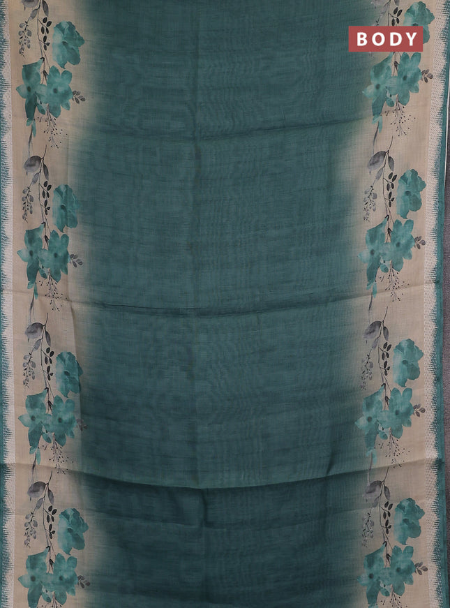 Art linen cotton saree peacock green and beige with plain body and floral printed silver zari woven border