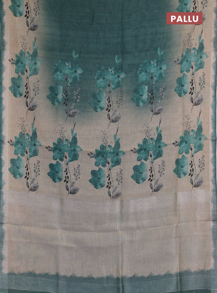 Art linen cotton saree peacock green and beige with plain body and floral printed silver zari woven border