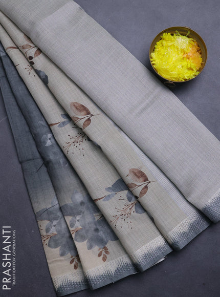 Art linen cotton saree olive green and beige with plain body and floral printed silver zari woven border
