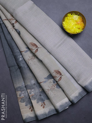 Art linen cotton saree olive green and beige with plain body and floral printed silver zari woven border