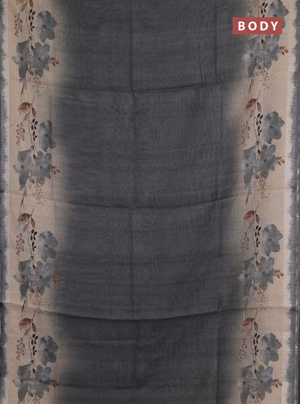 Art linen cotton saree olive green and beige with plain body and floral printed silver zari woven border