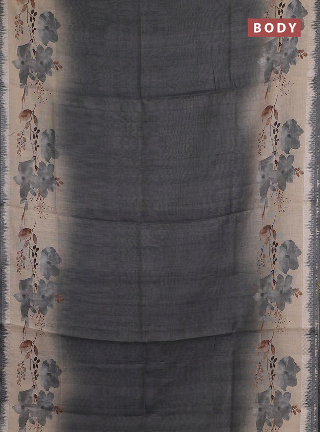 Art linen cotton saree olive green and beige with plain body and floral printed silver zari woven border