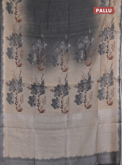 Art linen cotton saree olive green and beige with plain body and floral printed silver zari woven border