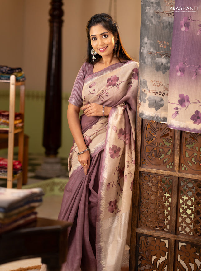 Art linen cotton saree deep maroon and beige with plain body and floral printed silver zari woven border