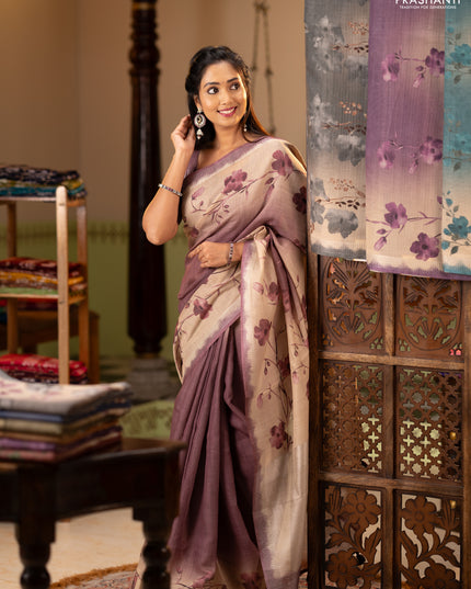 Art linen cotton saree deep maroon and beige with plain body and floral printed silver zari woven border