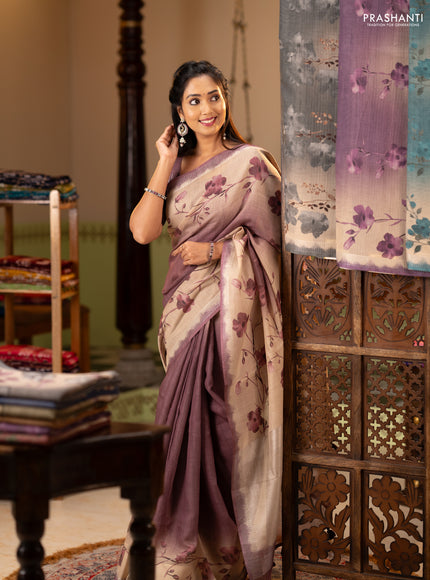 Art linen cotton saree deep maroon and beige with plain body and floral printed silver zari woven border