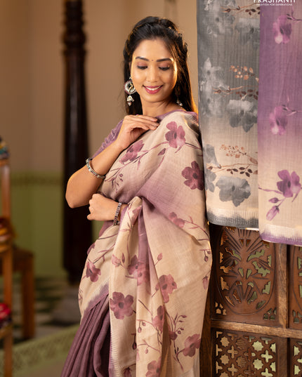 Art linen cotton saree deep maroon and beige with plain body and floral printed silver zari woven border