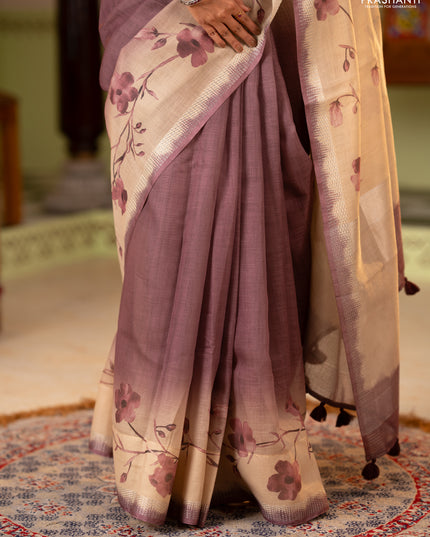 Art linen cotton saree deep maroon and beige with plain body and floral printed silver zari woven border