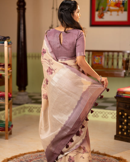 Art linen cotton saree deep maroon and beige with plain body and floral printed silver zari woven border