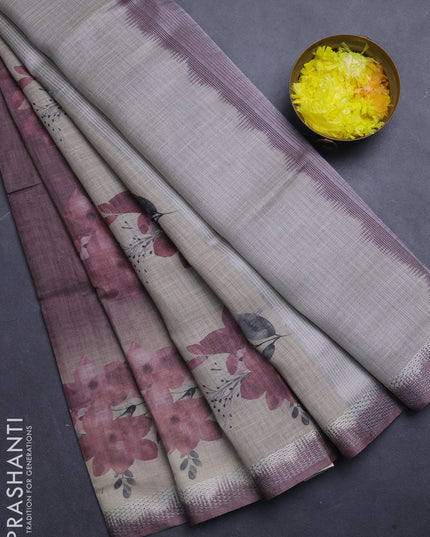 Art linen cotton saree deep maroon and beige with plain body and floral printed silver zari woven border