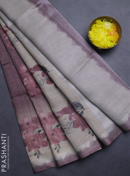 Art linen cotton saree deep maroon and beige with plain body and floral printed silver zari woven border