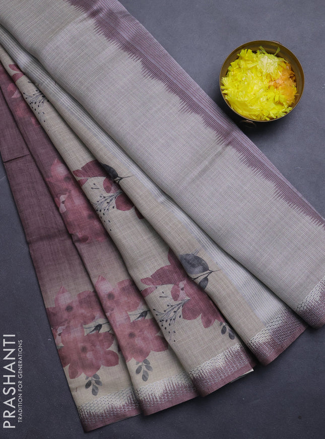 Art linen cotton saree deep maroon and beige with plain body and floral printed silver zari woven border