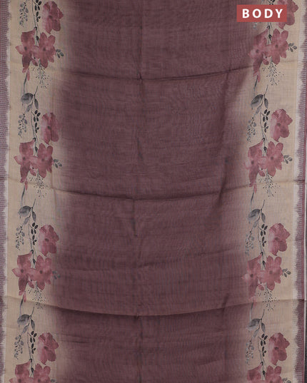 Art linen cotton saree deep maroon and beige with plain body and floral printed silver zari woven border