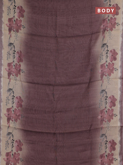 Art linen cotton saree deep maroon and beige with plain body and floral printed silver zari woven border