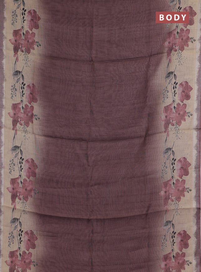 Art linen cotton saree deep maroon and beige with plain body and floral printed silver zari woven border
