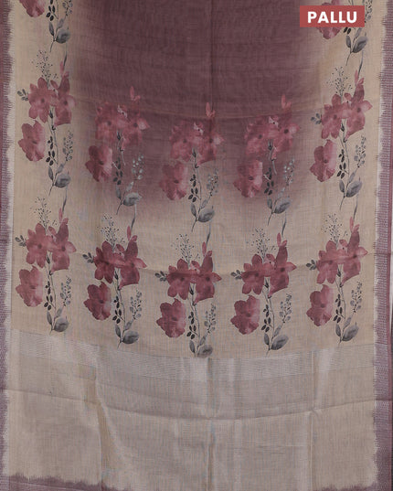 Art linen cotton saree deep maroon and beige with plain body and floral printed silver zari woven border