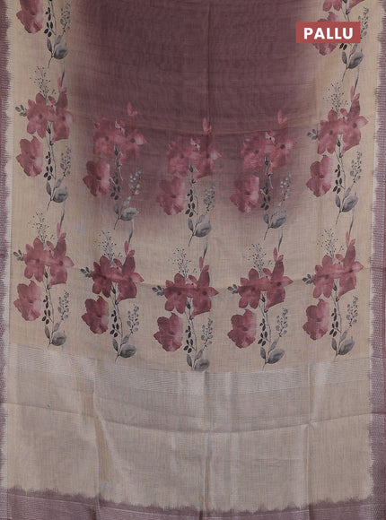 Art linen cotton saree deep maroon and beige with plain body and floral printed silver zari woven border