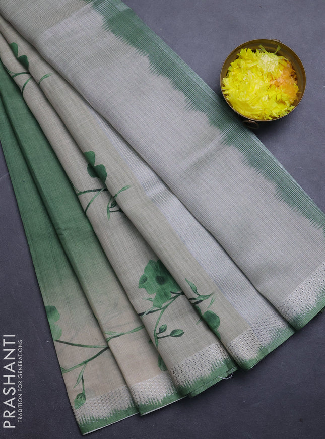 Art linen cotton saree light green and beige with plain body and floral printed silver zari woven border