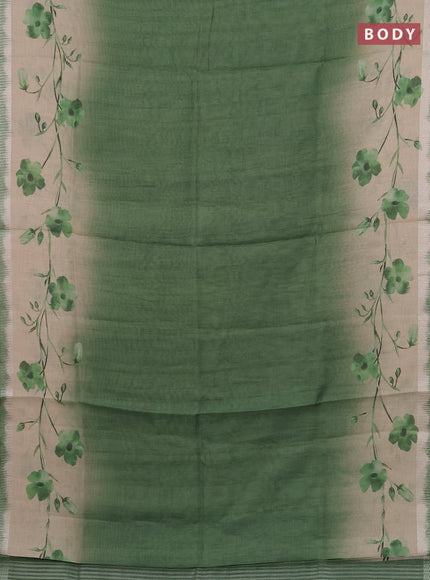 Art linen cotton saree light green and beige with plain body and floral printed silver zari woven border