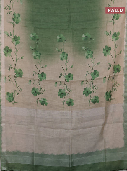 Art linen cotton saree light green and beige with plain body and floral printed silver zari woven border