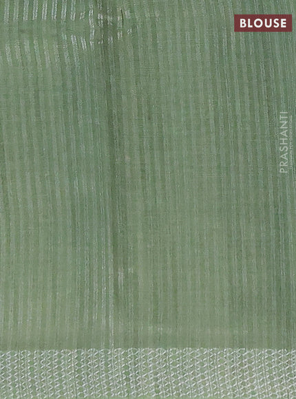 Art linen cotton saree light green and beige with plain body and floral printed silver zari woven border