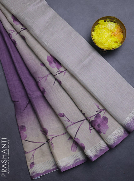 Art linen cotton saree purple and beige with plain body and floral printed silver zari woven border