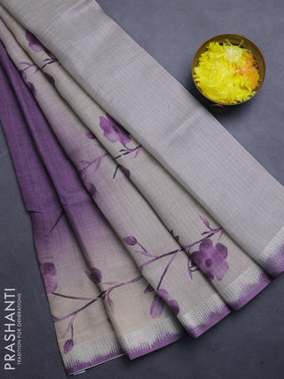 Art linen cotton saree purple and beige with plain body and floral printed silver zari woven border
