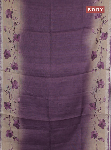 Art linen cotton saree purple and beige with plain body and floral printed silver zari woven border