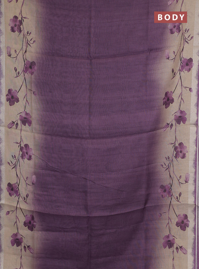 Art linen cotton saree purple and beige with plain body and floral printed silver zari woven border