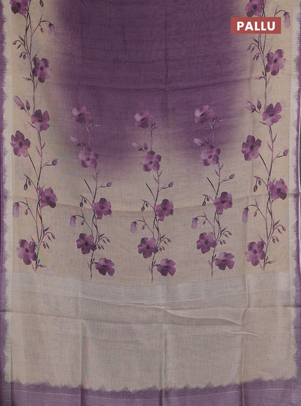 Art linen cotton saree purple and beige with plain body and floral printed silver zari woven border