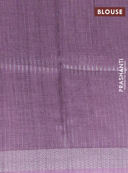 Art linen cotton saree purple and beige with plain body and floral printed silver zari woven border