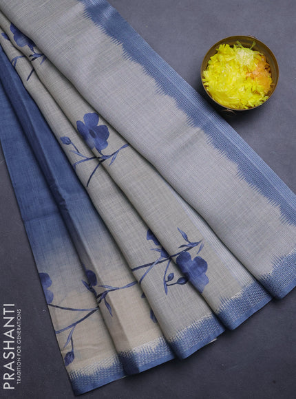 Art linen cotton saree navy blue and beige with plain body and floral printed silver zari woven border
