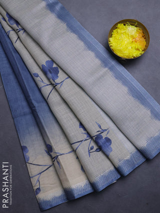 Art linen cotton saree navy blue and beige with plain body and floral printed silver zari woven border