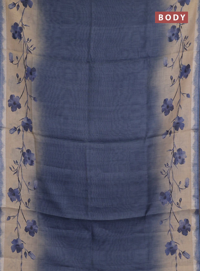 Art linen cotton saree navy blue and beige with plain body and floral printed silver zari woven border