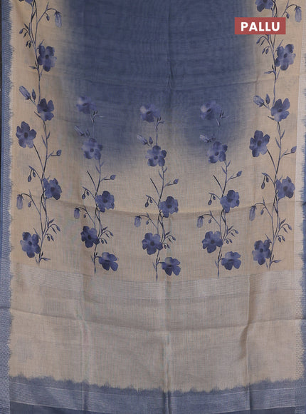 Art linen cotton saree navy blue and beige with plain body and floral printed silver zari woven border