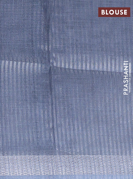 Art linen cotton saree navy blue and beige with plain body and floral printed silver zari woven border