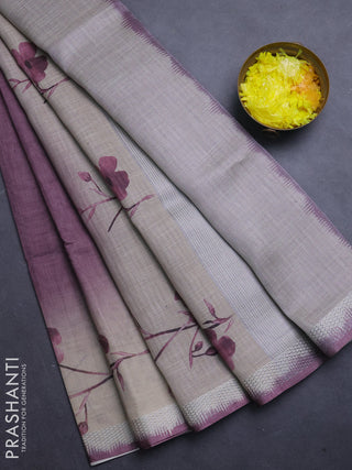 Art linen cotton saree purple and beige with plain body and floral printed silver zari woven border