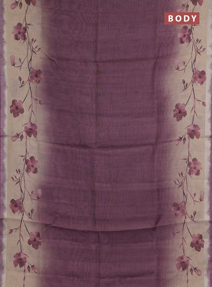 Art linen cotton saree purple and beige with plain body and floral printed silver zari woven border