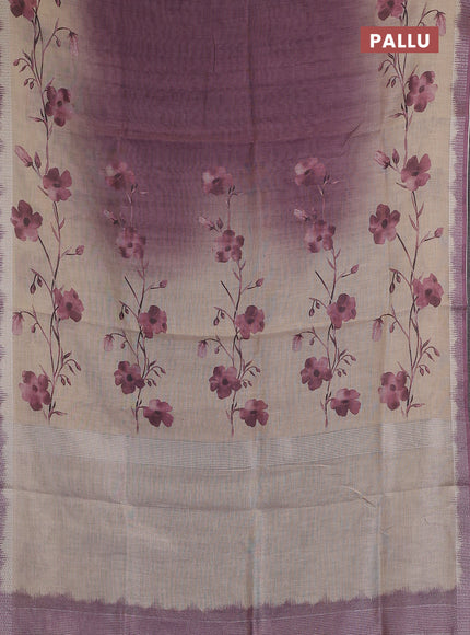 Art linen cotton saree purple and beige with plain body and floral printed silver zari woven border