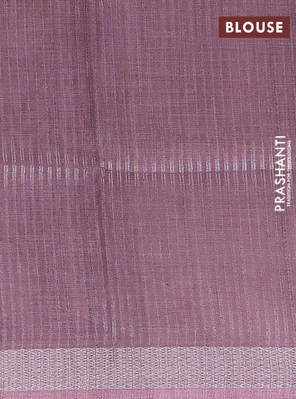 Art linen cotton saree purple and beige with plain body and floral printed silver zari woven border