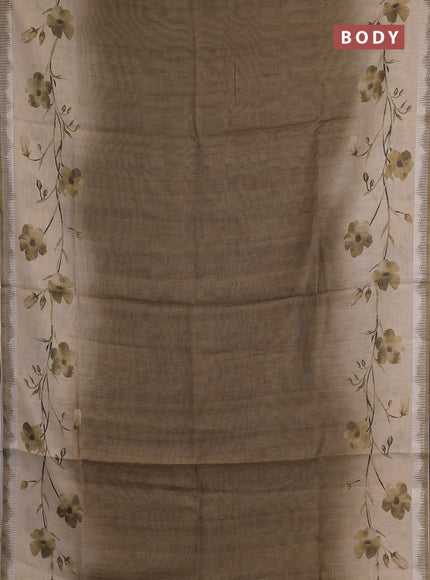 Art linen cotton saree mehendi green and beige with plain body and floral printed silver zari woven border