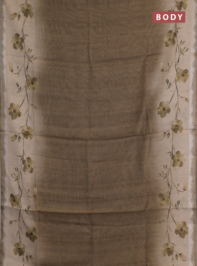 Art linen cotton saree mehendi green and beige with plain body and floral printed silver zari woven border