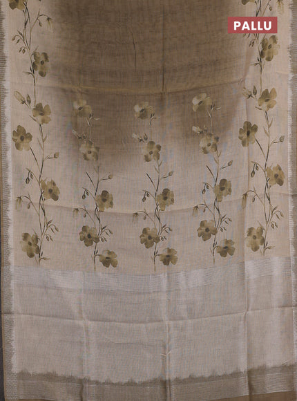 Art linen cotton saree mehendi green and beige with plain body and floral printed silver zari woven border